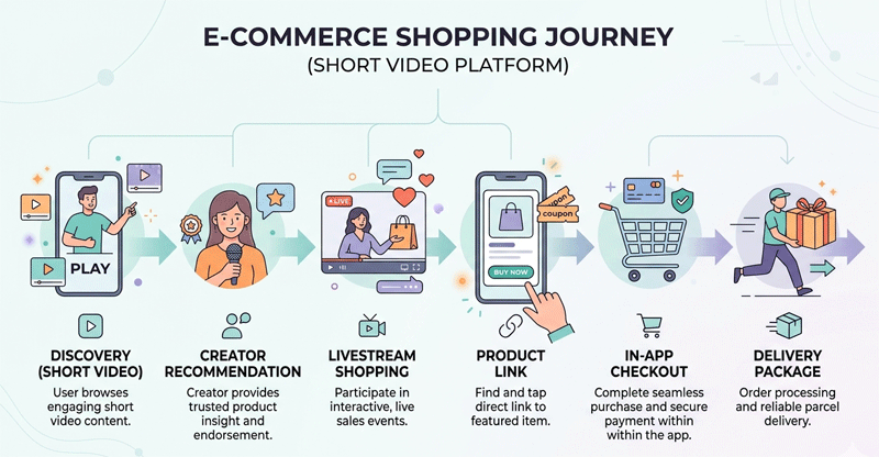 Douyin e-commerce shopping flow from short video discovery to livestream and in-app checkout.