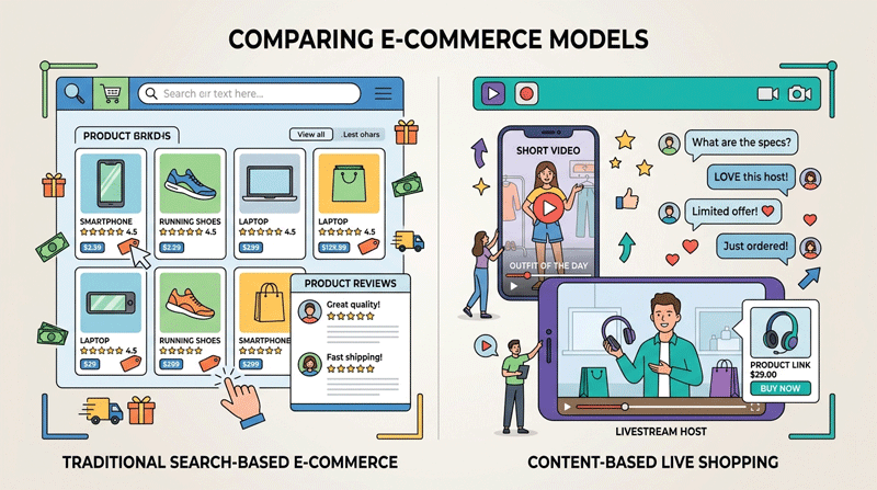 Comparison between traditional search-based e-commerce and Douyin-style content-based shopping.