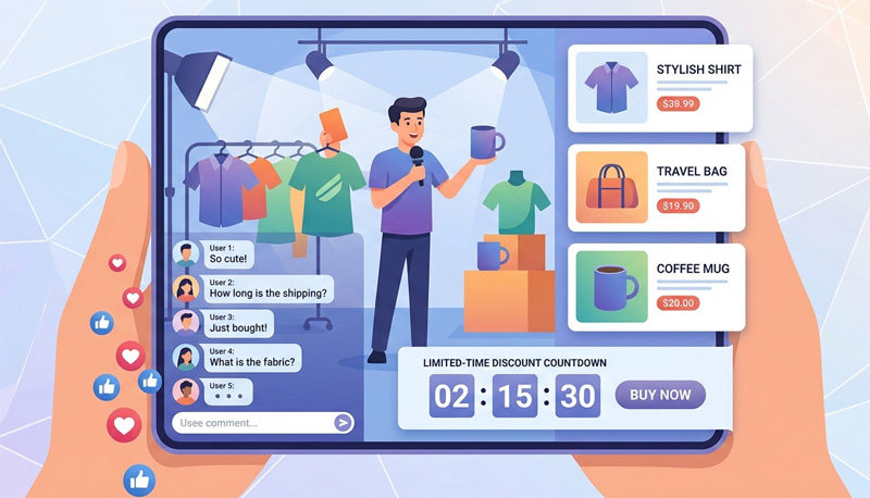 Livestream shopping room with host, product cards, viewer comments, and limited-time offers.