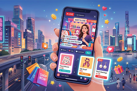 Douyin e-commerce live shopping concept with livestream, product cards, and social commerce elements.